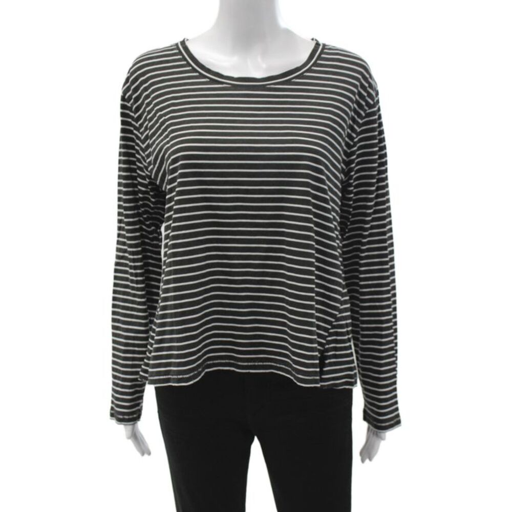Leallo Women Basic Tee Black Striped Long Sleeve Round Neck Cotton Size L